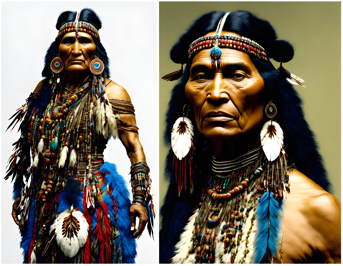 Collage of person in Native American regalia