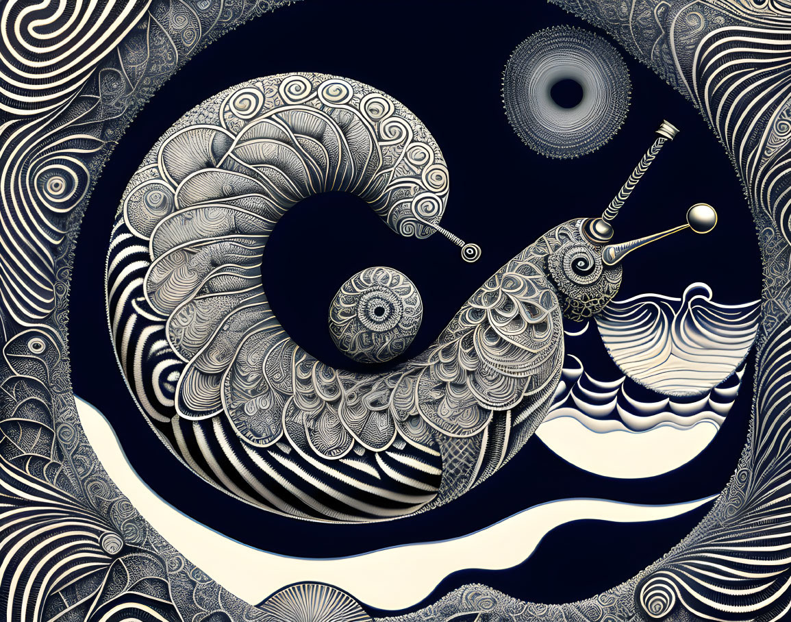 Monochrome stylized snail illustration with intricate patterns on dark background