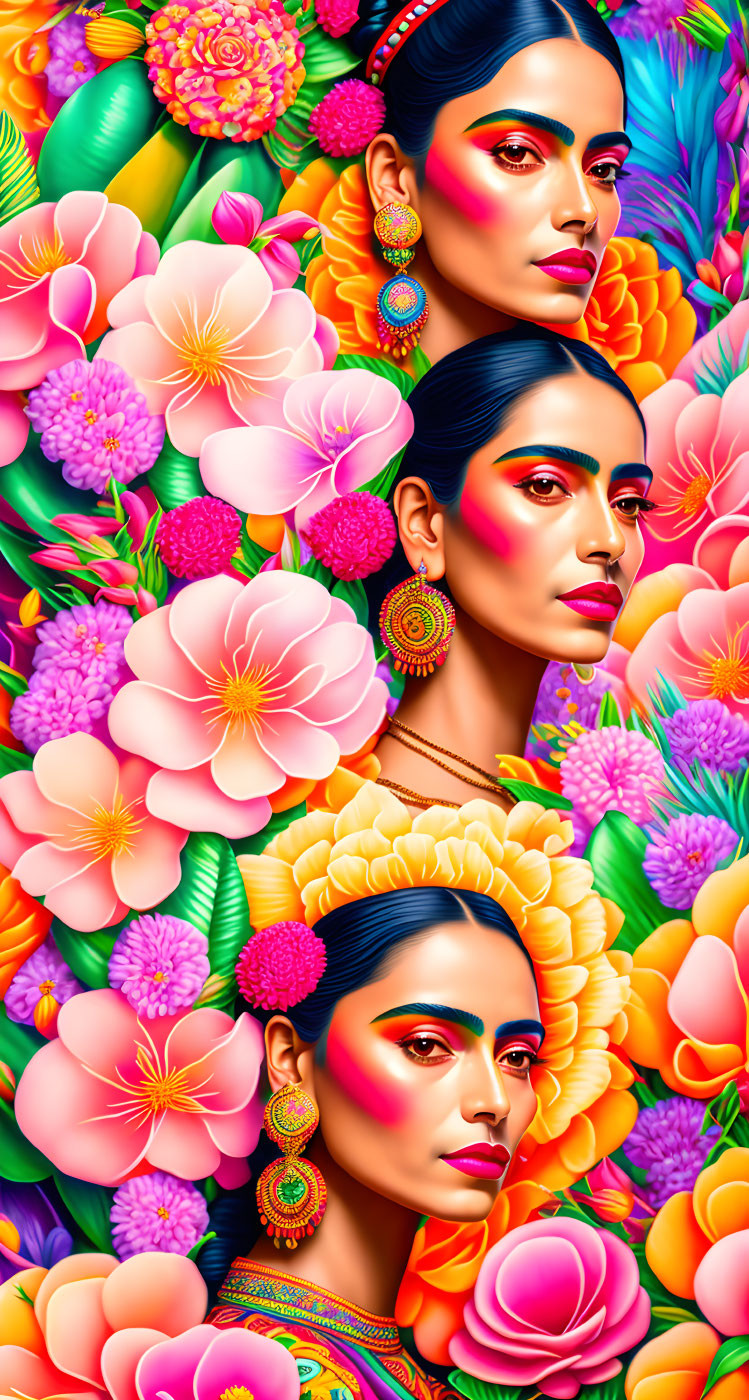 Colorful Woman Portraits with Bold Makeup and Flowers