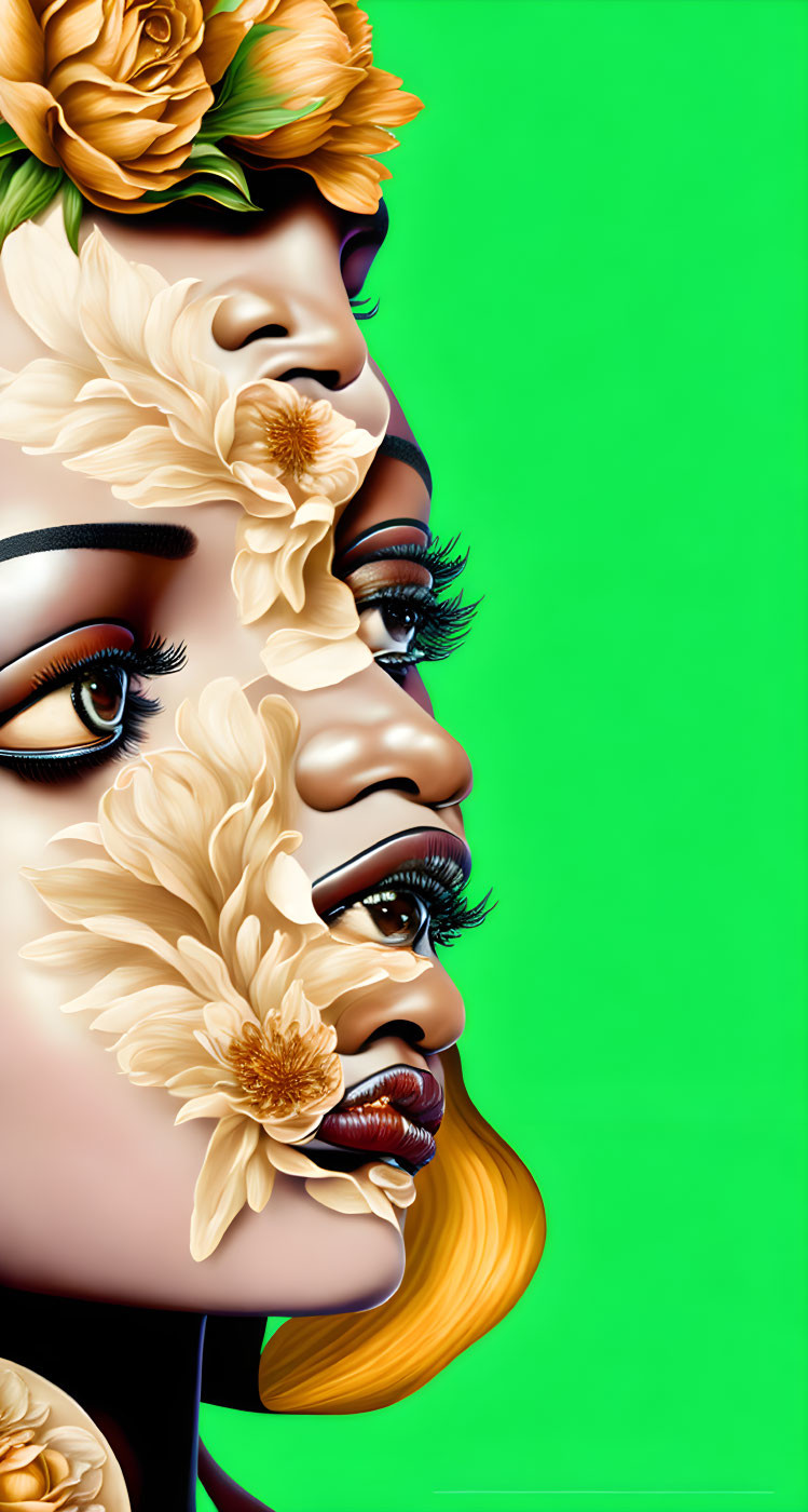 Digital Image: Three Faces with Floral Elements on Green Background