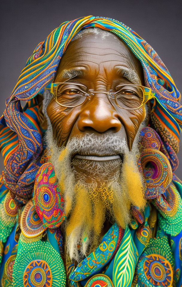 Elderly man in traditional African attire with glasses and gray beard