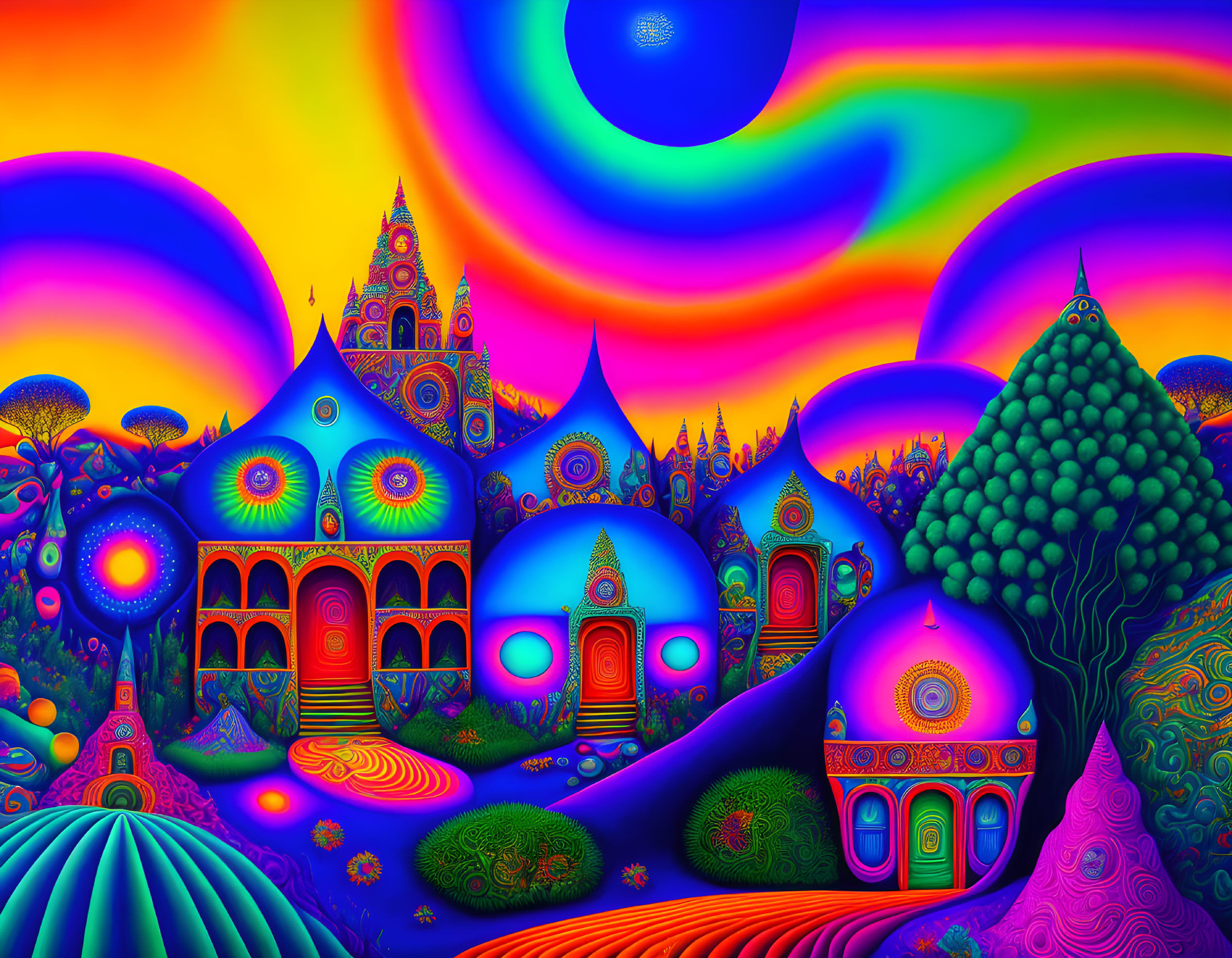 Colorful psychedelic landscape with patterned hills and swirling skies