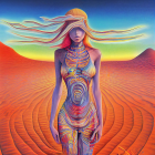 Tattooed woman with long hair in desert sunset landscape