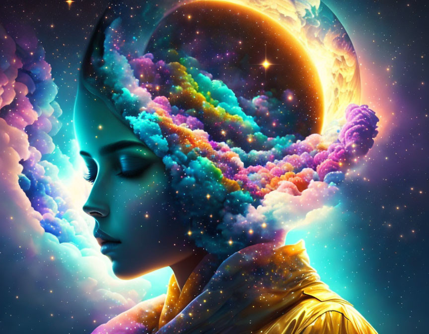 Colorful digital artwork of woman's profile merging with cosmic background