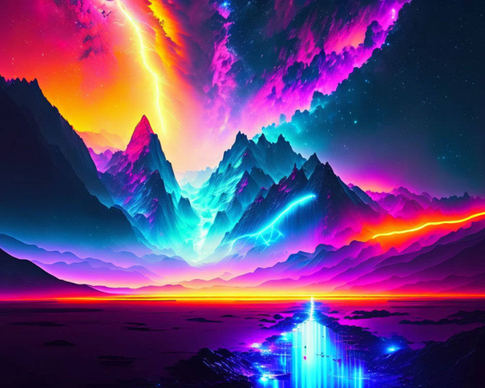 Neon-colored surreal mountain landscape under cosmic sky