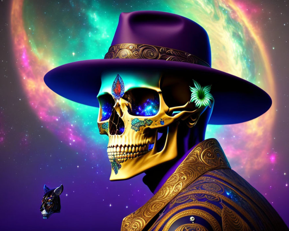 Colorful Digital Artwork: Skull in Hat and Suit on Cosmic Background