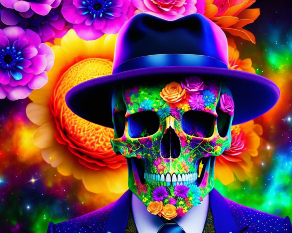 Colorful Skull with Floral Patterns and Brain Illustration in Blue Suit and Hat on Vibrant Flower Background