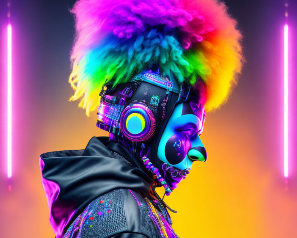 Colorful Afro and Futuristic Mask on Neon Background