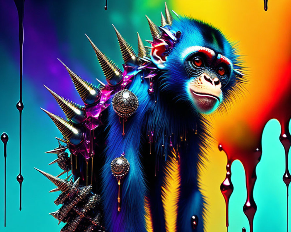 Colorful Stylized Monkey Artwork with Blue Fur and Metallic Embellishments