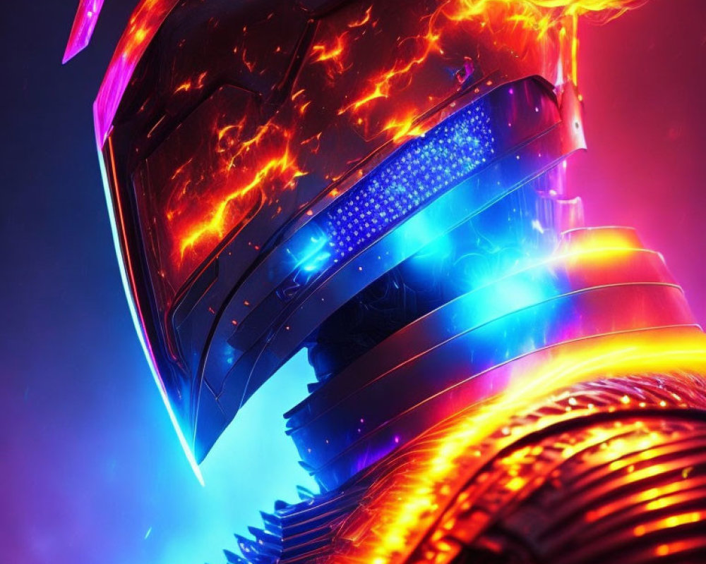 Futuristic helmet with glowing cracks and LED visor in abstract neon setting