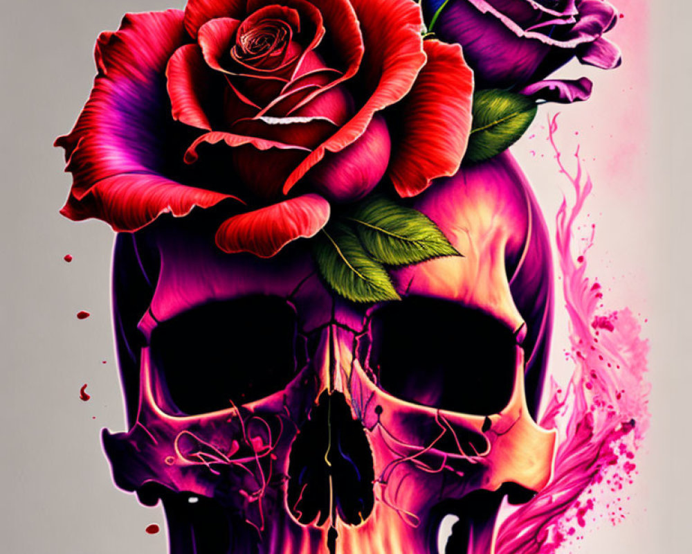 Skull with red and purple roses on light background with ink splatters