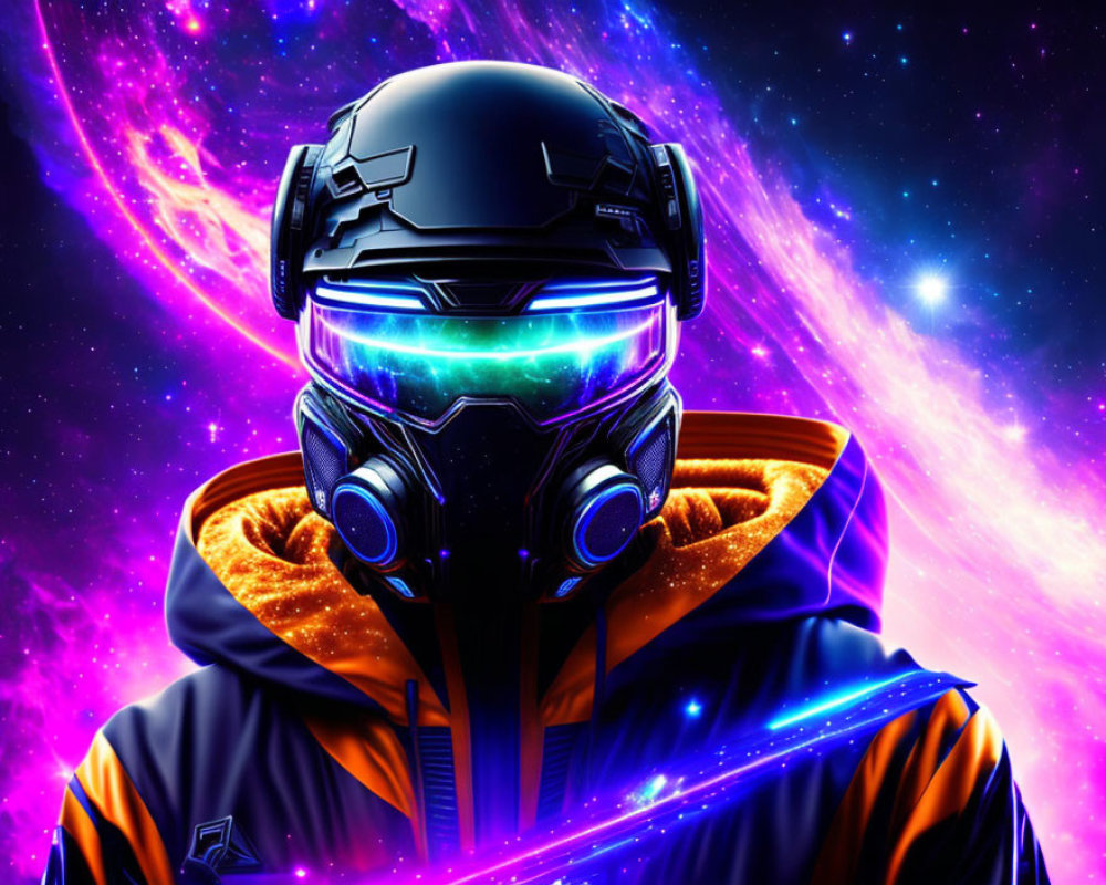 Futuristic helmet with glowing visor against cosmic backdrop