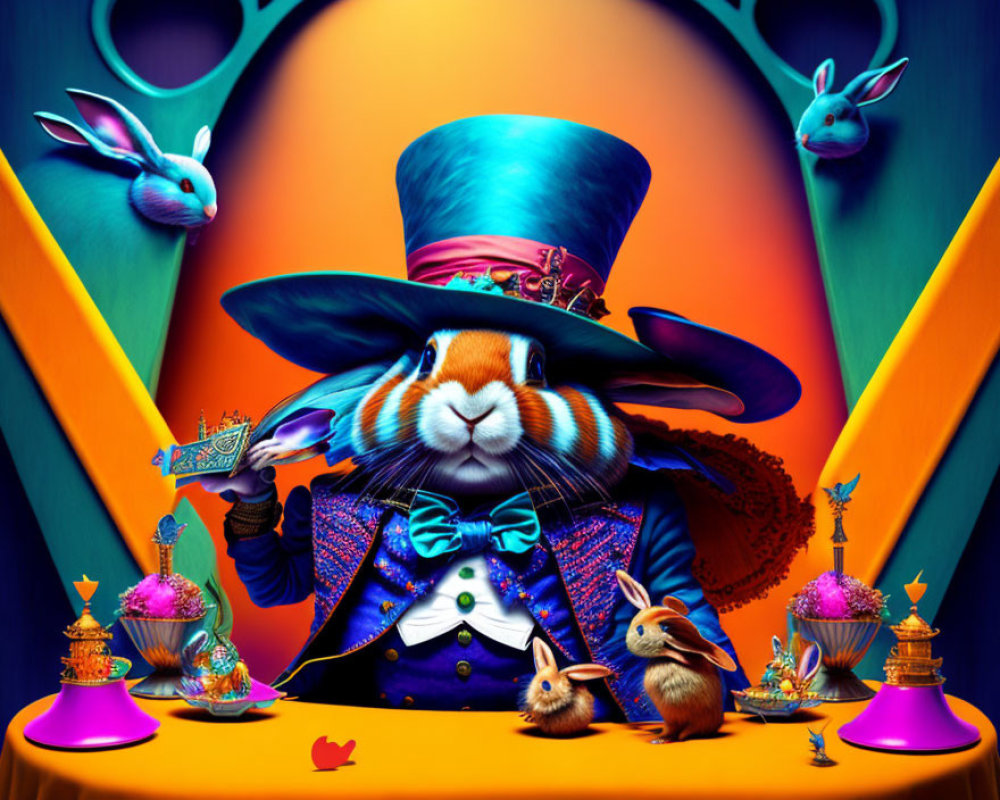 Colorful anthropomorphic rabbit in blue suit with bunnies on purple and orange backdrop