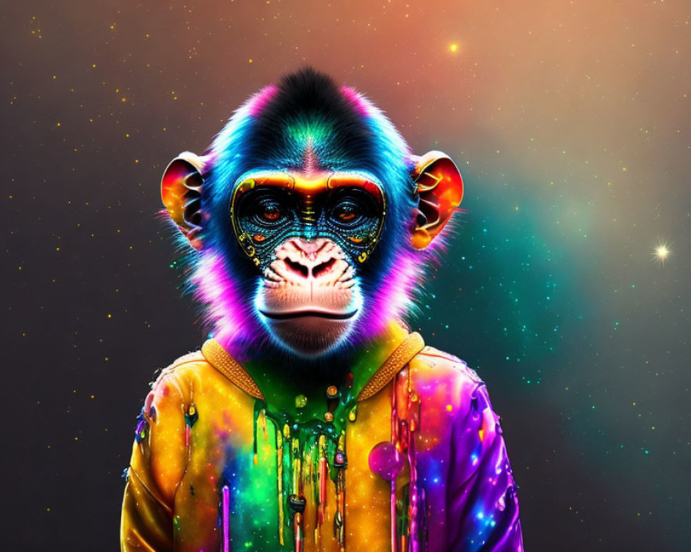 Colorful Monkey Artwork with Glowing Eyes and Starry Background