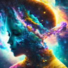 Colorful digital artwork of woman's profile merging with cosmic background