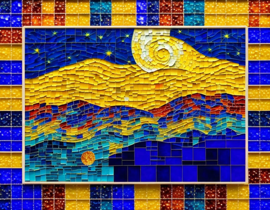 Colorful digital mosaic of Starry Night with blue and yellow hues.