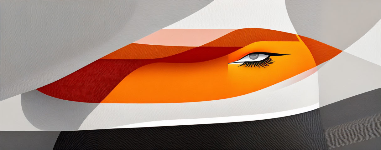 Abstract Graphic Design: Flowing Shapes in Grayscale and Orange Tones with Stylized Human Eye