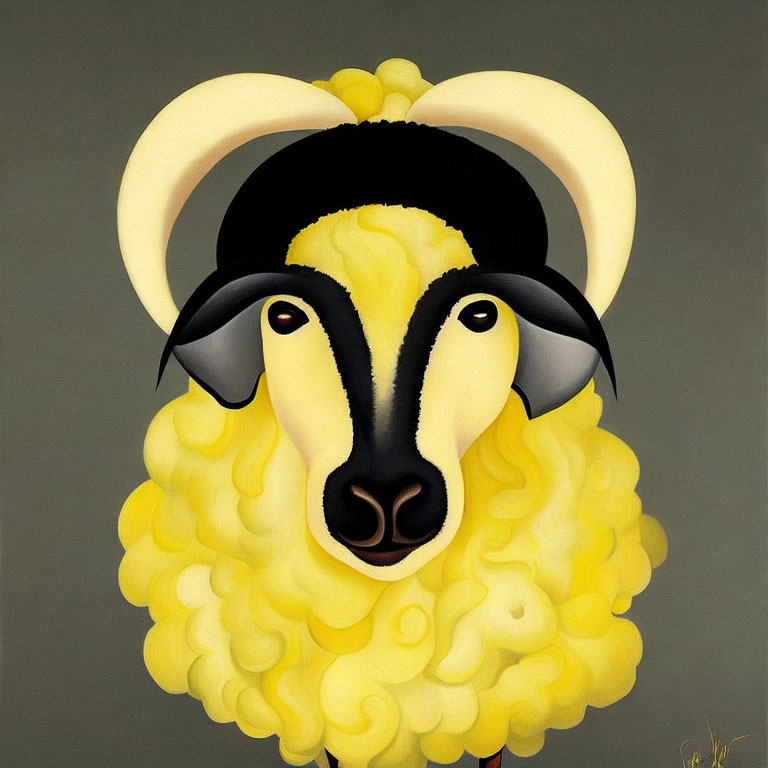 Curly yellow fleece sheep illustration with black and white features