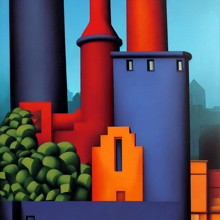 Vibrant stylized artwork of industrial buildings and chimneys against blue sky