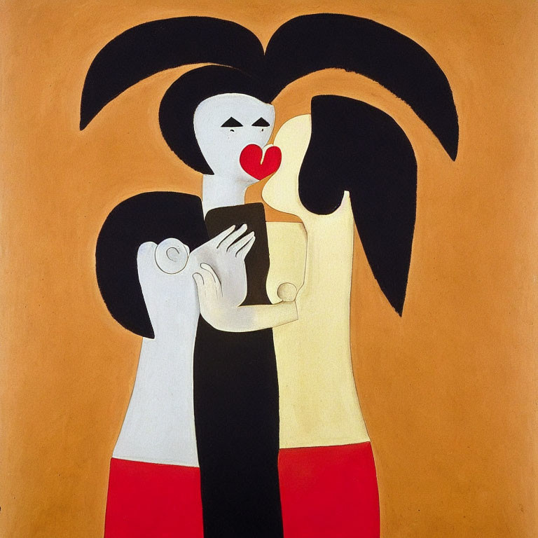 Abstract painting featuring two stylized figures with heart-shaped heads embracing and sharing a red heart on beige background