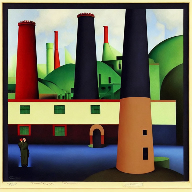 Colorful painting of industrial scene with figure and buildings