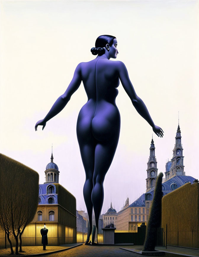 Gigantic stylized woman in surreal artwork over European plaza