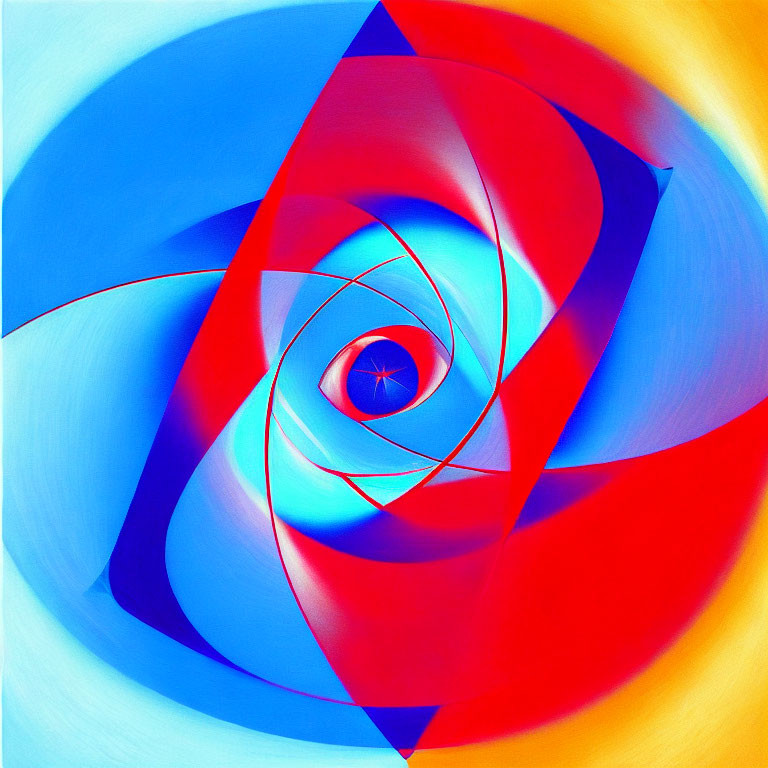 Vibrant red and blue swirls in abstract digital art with optical illusion and white spirals