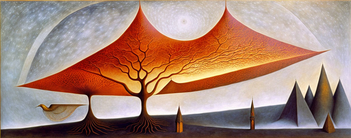 Surreal landscape with vast tree, starry sky, pyramidal mountains, and stylized