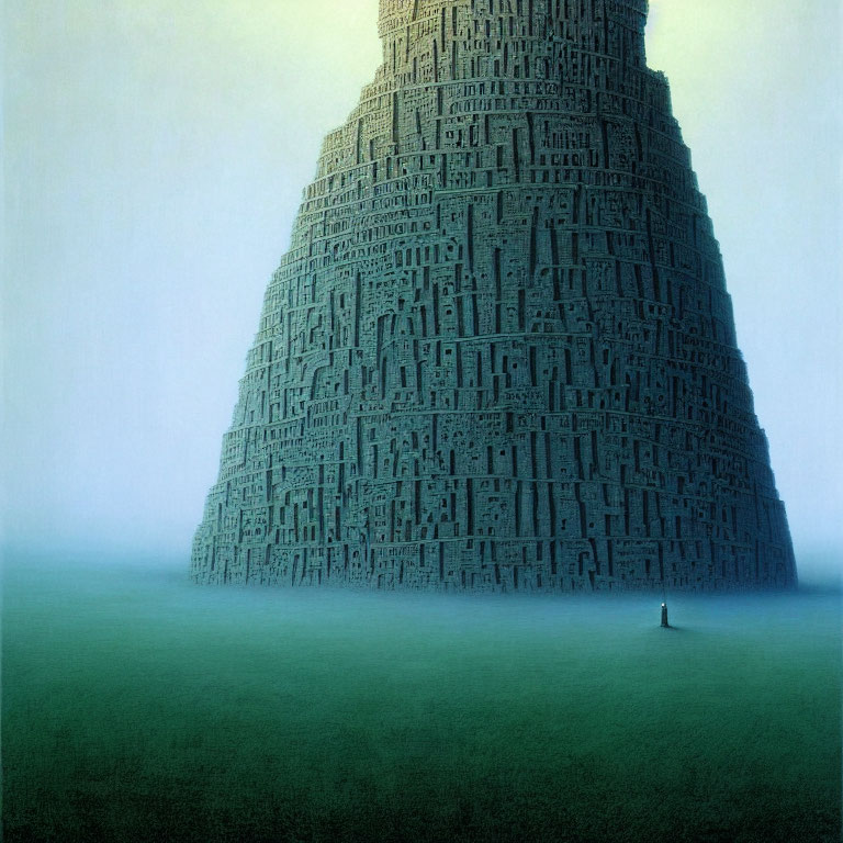 Mysterious labyrinthine tower in blue-green haze