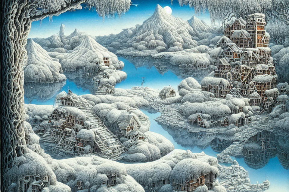 Snowy Landscape with Frost-Covered Trees, Traditional Houses, and Icy Mountains