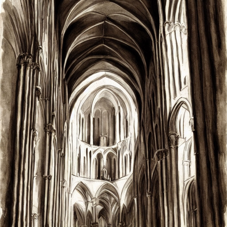 Monochromatic sketch of Gothic cathedral interior with arches, ceilings, & columns