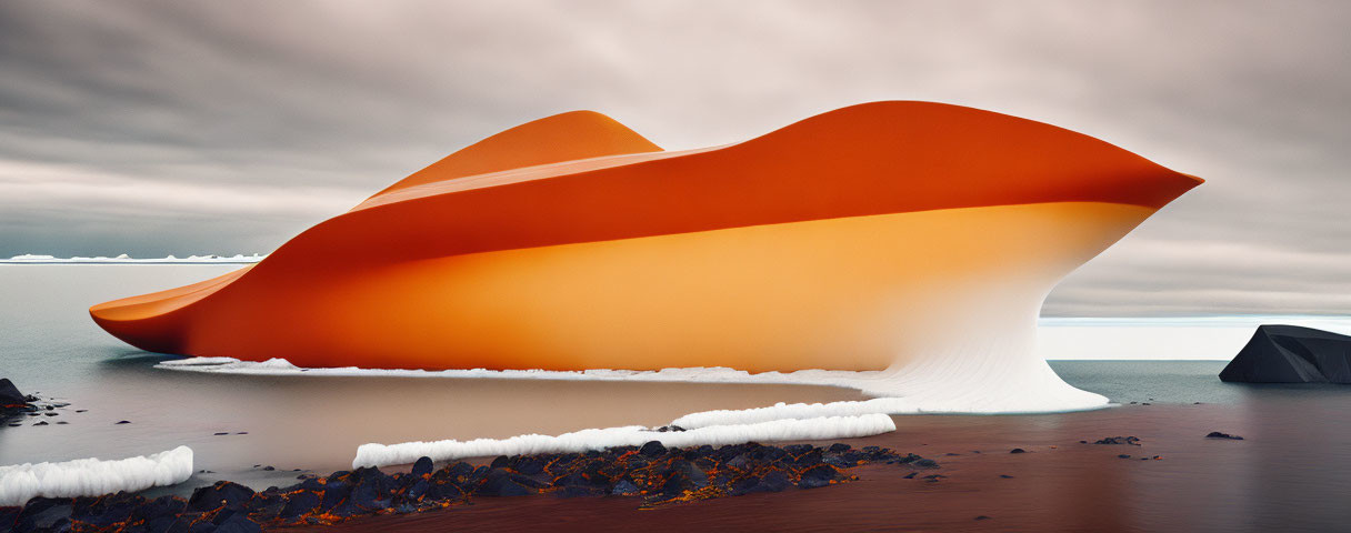 Futuristic orange and white structure on icy beach