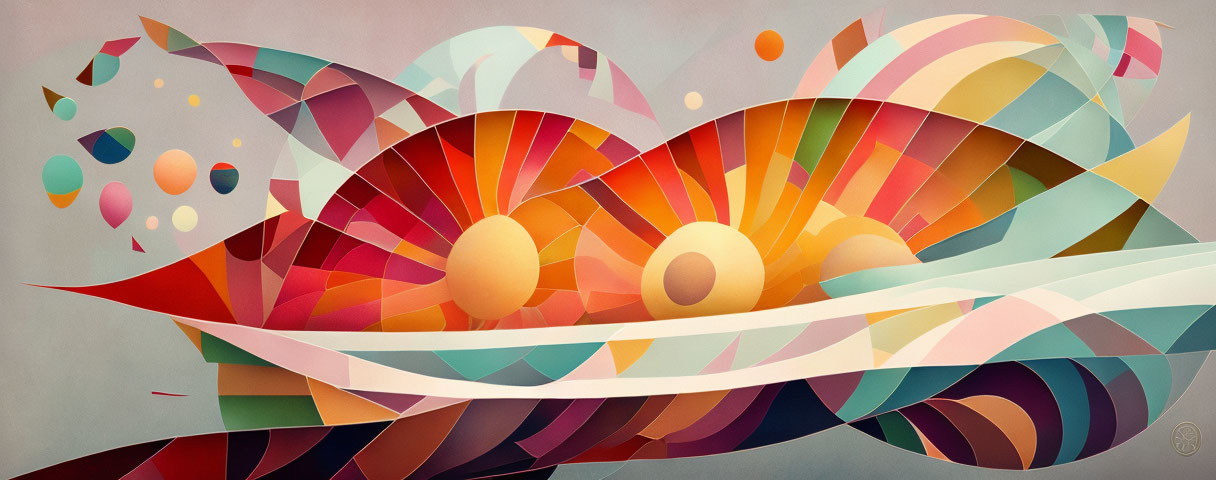 Layered Abstract Art: Pastel Tones, Sun-like Circles, Radiating Lines, Floating