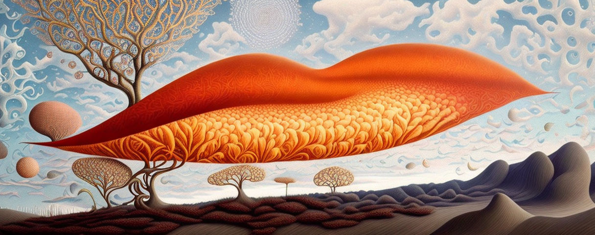 Surreal landscape with tree-like patterns in large orange leaf