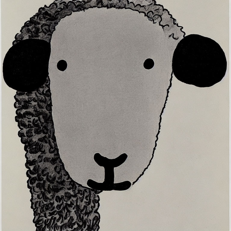 Simplistic Sheep Face Drawing with Textured Wool and Black Ears