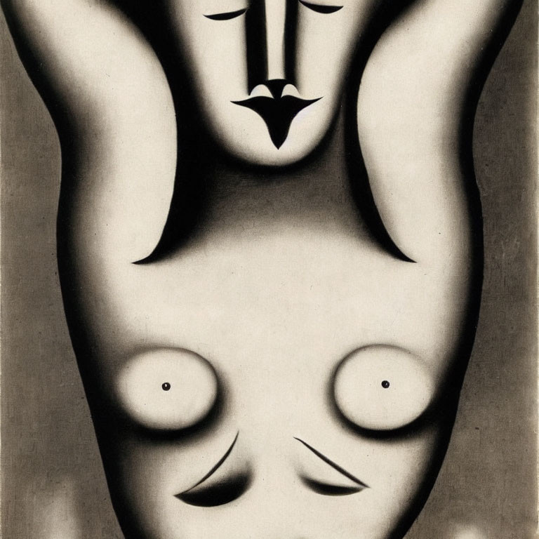 Surrealist black and white image of abstract face with dual nude figure elements