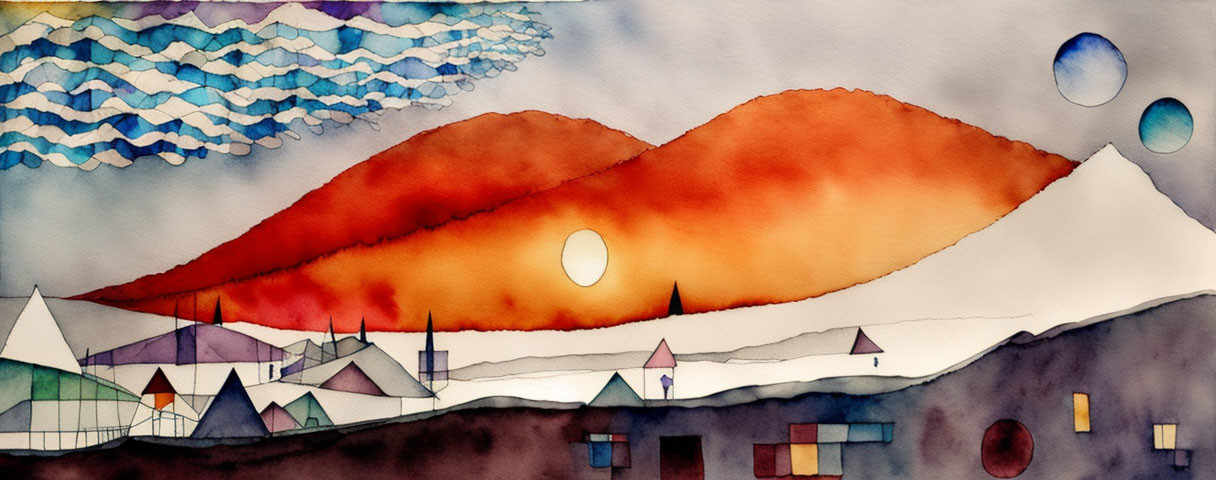 Colorful watercolor landscape with orange mountain and village.