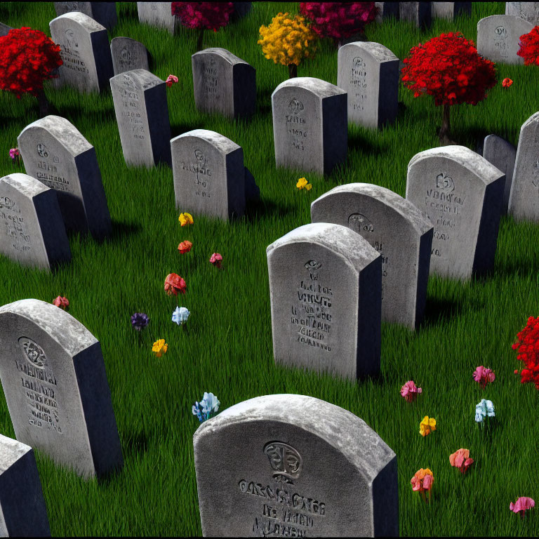 Tranquil cemetery scene with neat headstones, green grass, flowers, shrubbery