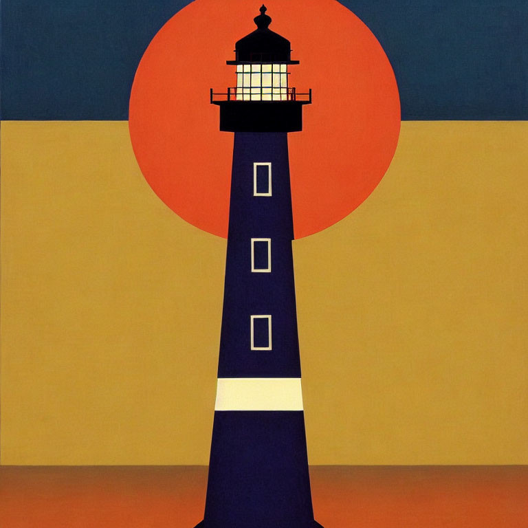 Stylized lighthouse art with bold colors & geometric shapes