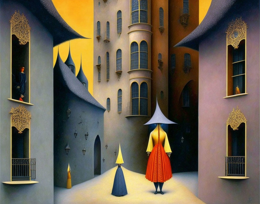 Surreal painting: Woman with umbrella, figures in conical attire, ornate windows, balcon