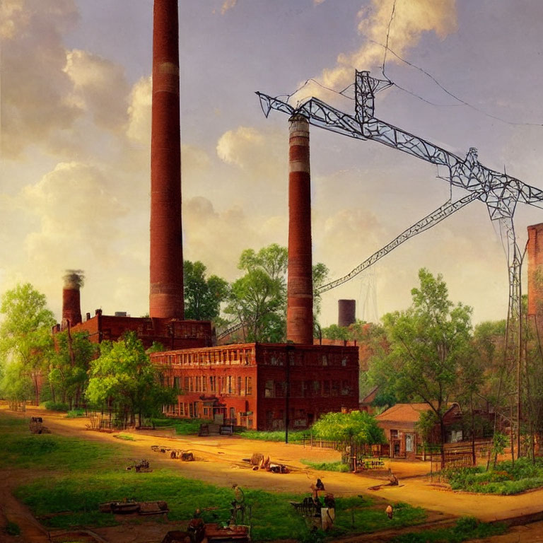 Industrial painting featuring twin smokestacks, brick buildings, power lines, and figures in nature under a