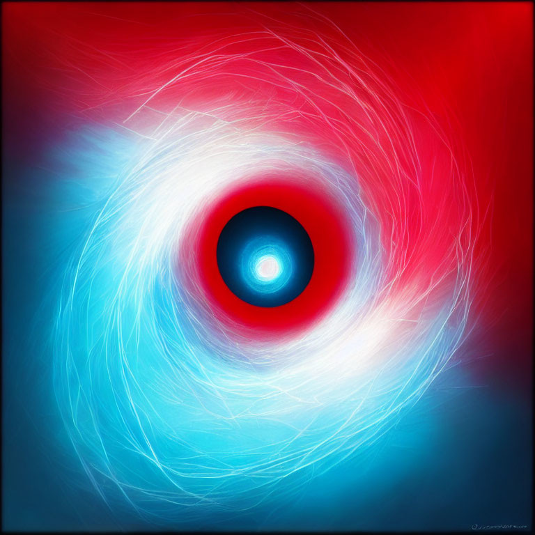 Abstract swirling red to blue gradient pattern with dark circle and blue dot