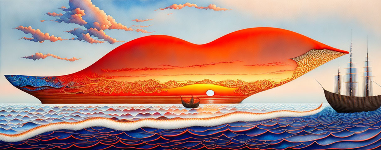 Surreal seascape: giant red lip island, boat, sailing ship, wavy blue waters