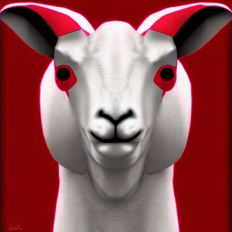 Stylized white sheep face on red background art.