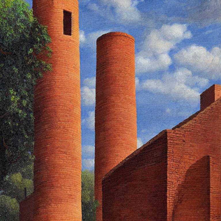 Industrial red brick structures with tall chimneys under blue sky and fluffy clouds, surrounded by green foliage.