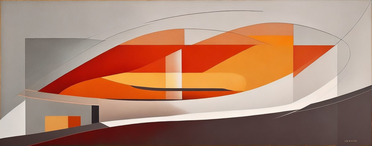 Abstract painting with flowing lines and geometric shapes in warm tones on neutral background