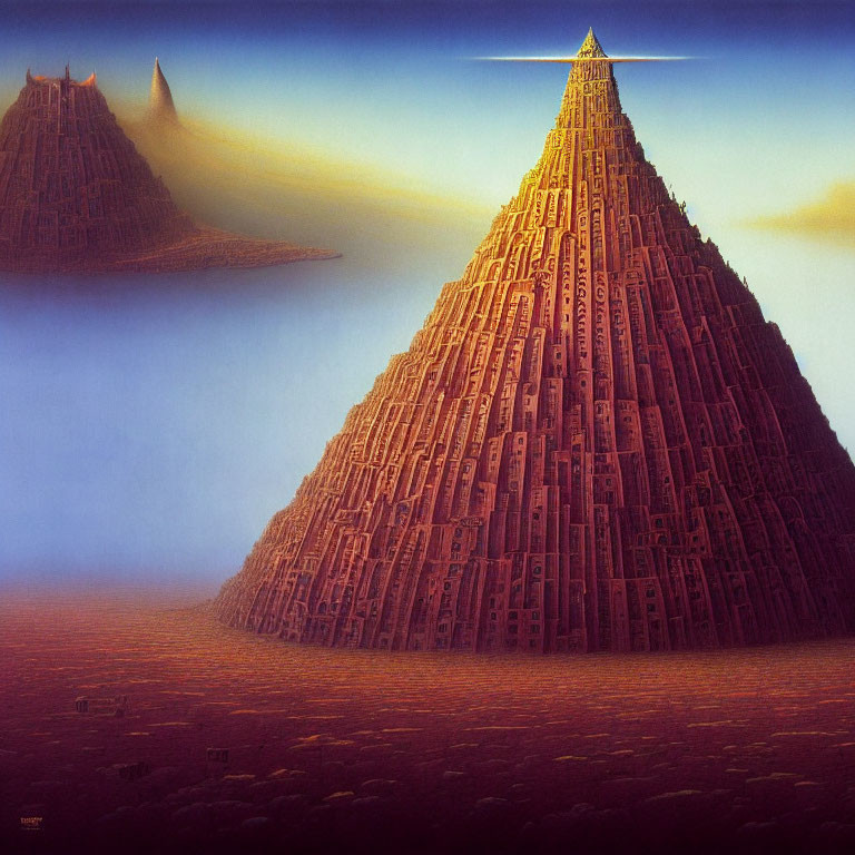 Surreal artwork: Pyramids of intricate buildings under twilight sky