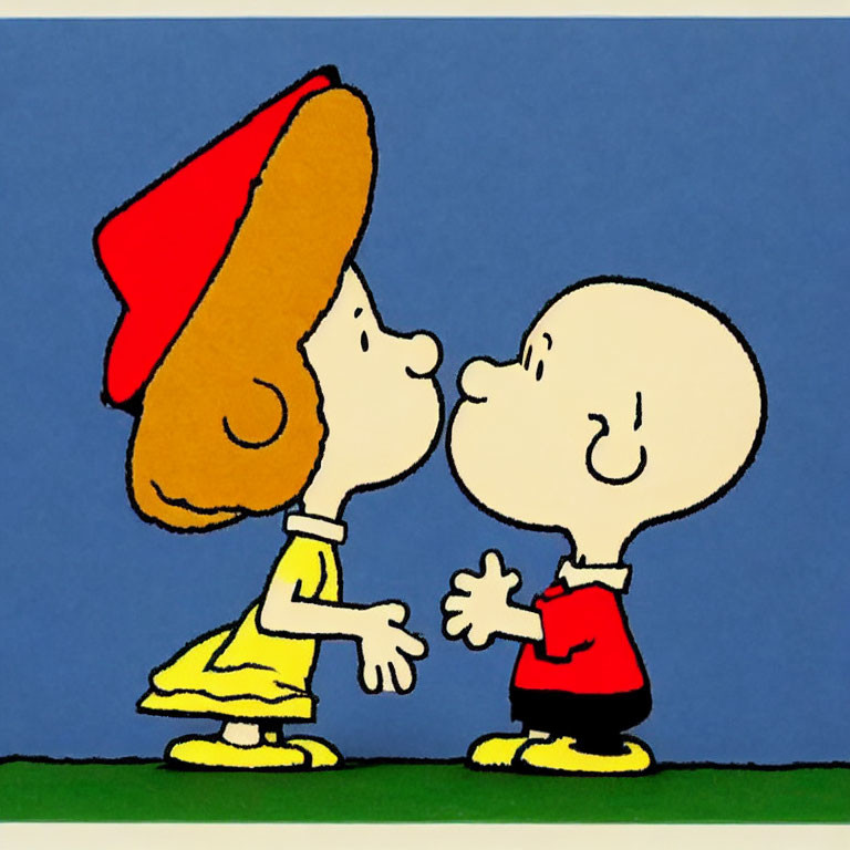 Animated characters in red hat and yellow dress kissing on green ground against blue background