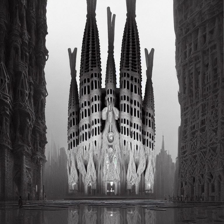 Monochrome image: Sagrada Família facade with reflection on water, Gothic and Art Nouveau