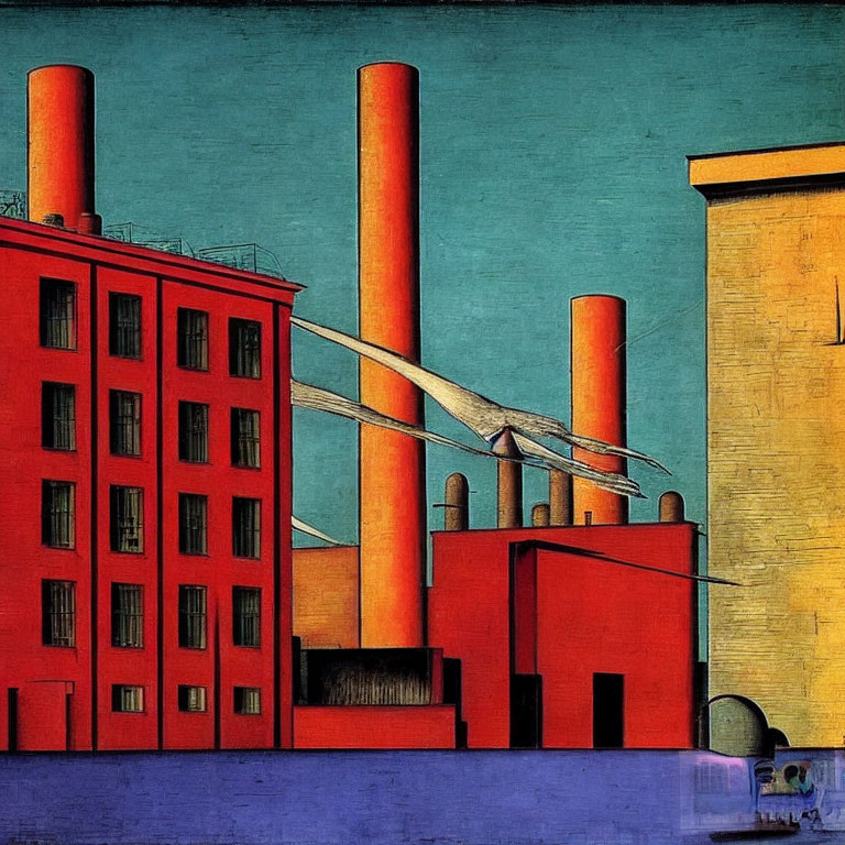 Geometric industrial landscape with red smokestacks and buildings in red and yellow against a blue sky